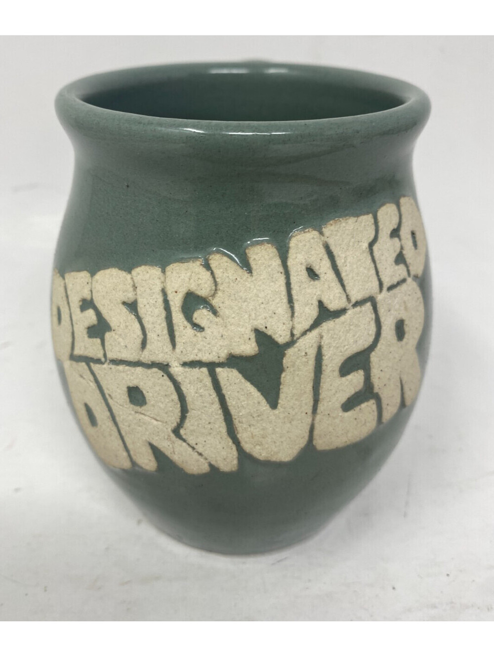 Designated Driver Stoneware Mug Sage Green Deep Etched Carved Pottery Coffee Cup